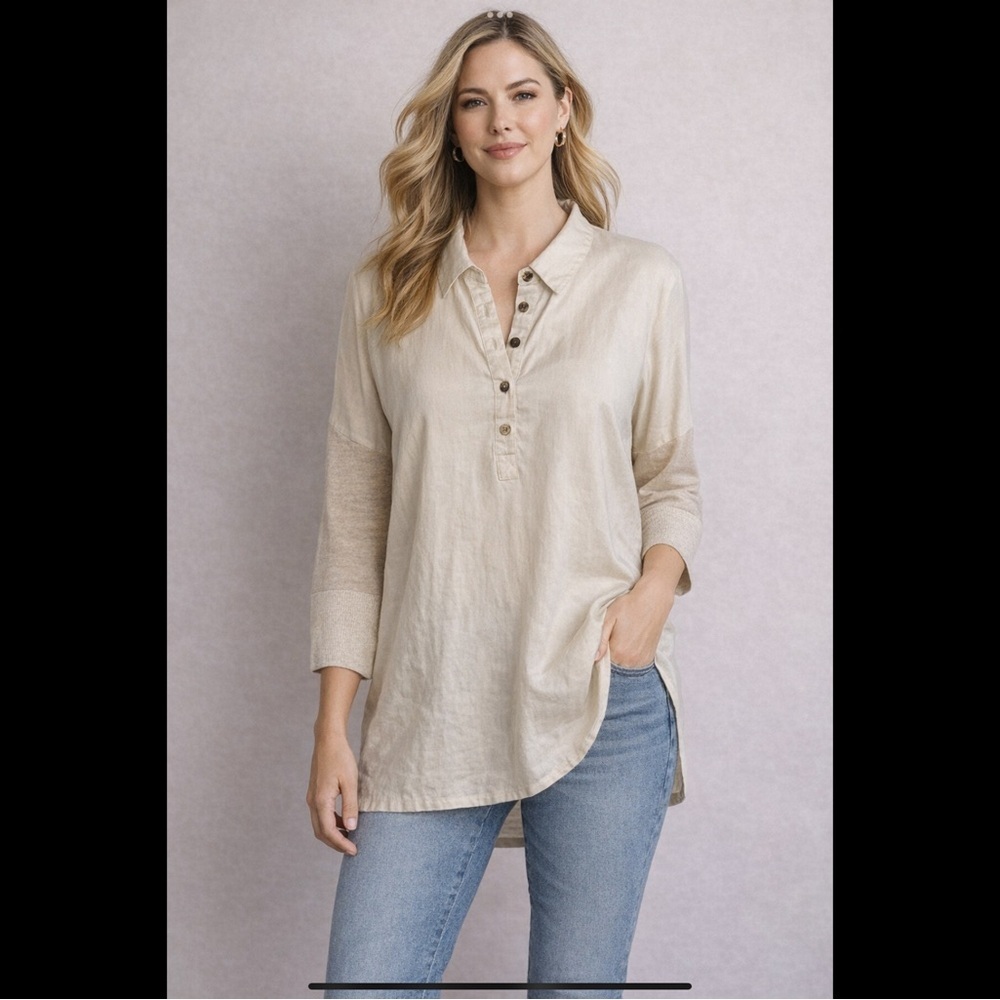 J. Jill Love Linen Tunic Top | 100% Linen Mixed Weave Dolman Sleeve | Size L
